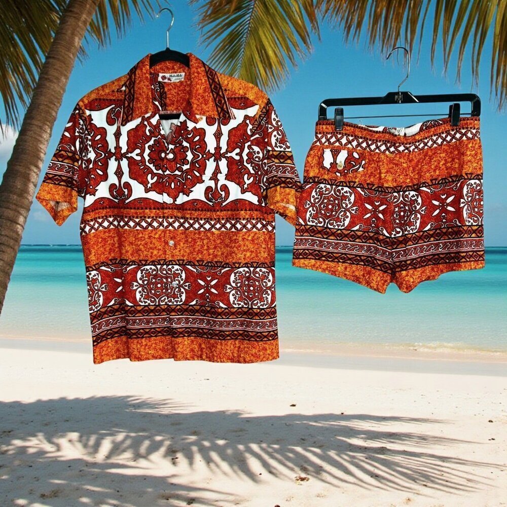 Holo Holo Vintage 70s Barkcloth Men's Swim Orange Tapa Print Shirt and Shorts